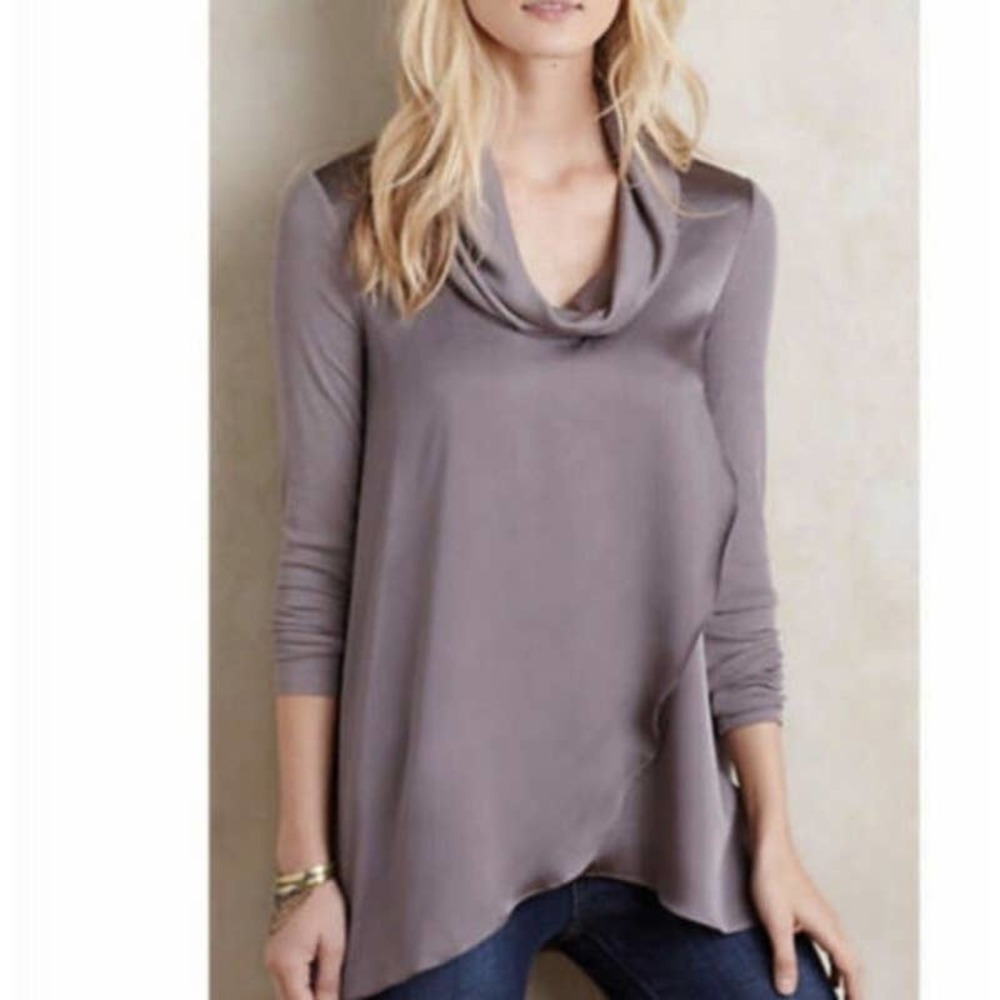 Anthropologie Deletta NWT Womenโs Cowl Neck Draped Long Sleeve Top Taupe Size S